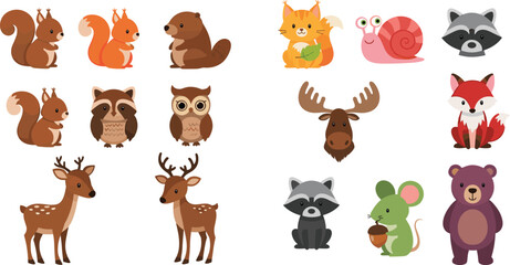 Cartoon illustrated woodland animals including squirrels beaver cat snail raccoons owl moose fox deer mouse bear cute whimsical artwork scene © IconicCreations