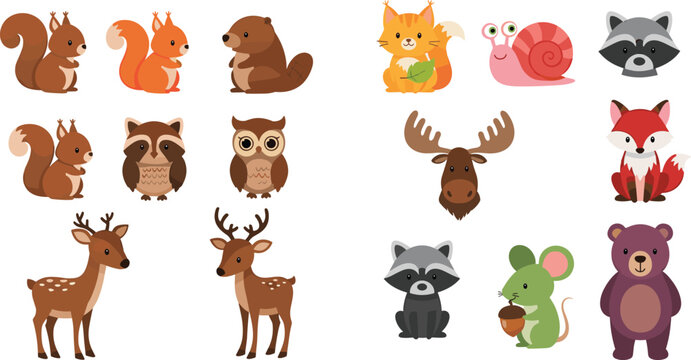 Cartoon illustrated woodland animals including squirrels beaver cat snail raccoons owl moose fox deer mouse bear cute whimsical artwork scene