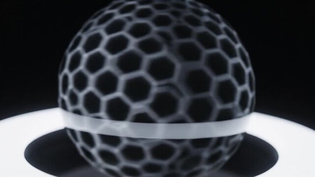 a black and white golf ball on a white surface.