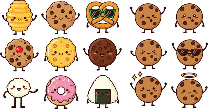 Cute Kawaii Food Mascot Vector Illustration Set Featuring Chocolate Chip Cookies Donut Pretzel Onigiri and Honey Pot Cartoon Characters