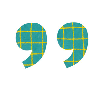 Two oversized teal paper quotation marks with irregular hand-cut edges and vibrant yellow wax crayon grid patterns isolated on a white background, playful craft