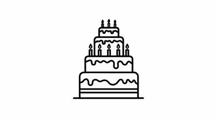 Naklejka premium Black and white illustration of a multi-tiered cake with lit candles