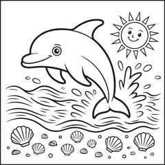 Fototapeta premium Cute Beach Surf Shack with Surfboards Palm Trees Summer Coloring Page for Kids | Tropical Ocean Printable Activity Sheet | Black and White Line Art