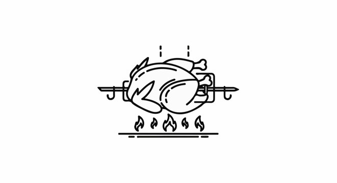 A line drawing of a whole chicken rotating over open flames