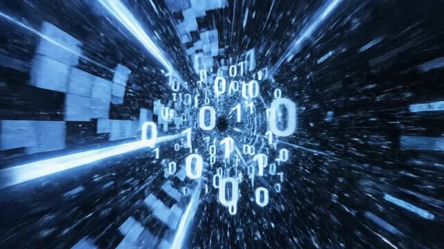 Luminous digital corridor featuring azure particle cluster neon streak geometric pixel square and abstract data symbol creating an immersive futuristic technology voyage for cyber space.