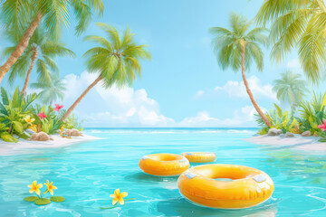 Obraz premium Tropical paradise with palm trees and inflatable rings floating in clear blue water