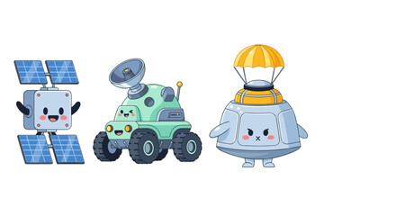 Cute Cartoon Space Exploration Robots Set, Satellite, Mars Rover and Lander Pod with Parachute Character Illustration Vector Symbols for Science © cheng