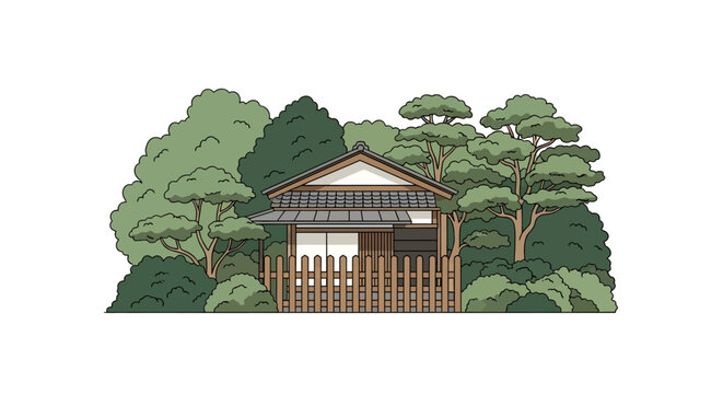 traditional japanese house in forest with wooden fence and trees