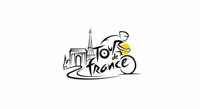 Stylized logo featuring Parisian landmarks and a cyclist in motion