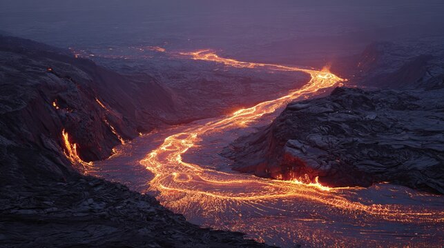 Hot lava streams from a volcano in Iceland.