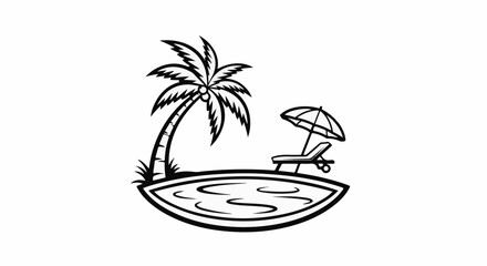Obraz premium Stylized tropical island scene with palm tree, lounge chair, and umbrella by a pool