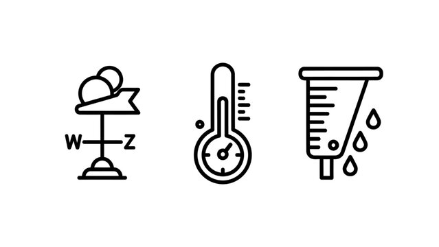 Weather icons: wind vane thermometer rain gauge with outdoor activity control panel thermometer temperature precipitation measurement meteorology forecasting forecast environment seasonal