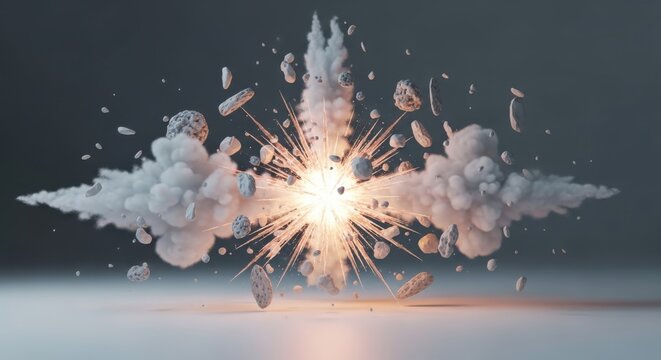 A bright explosion occurs suddenly on a surface creating smoke