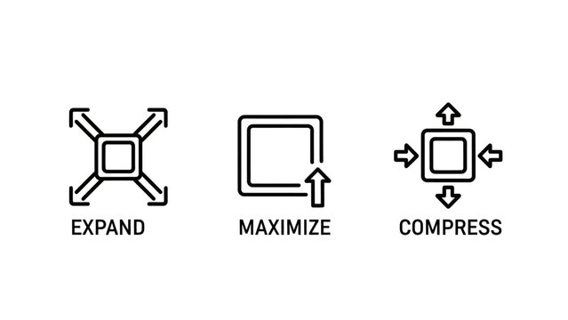 Icons for expanding maximizing compressing content with full screen maximize compress illustration interface document increase decrease manipulate transform software technology dimension