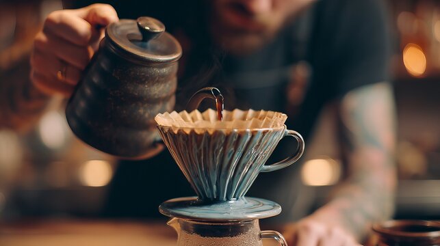 Making coffee with a brewer starts with brewing and ends with a finished cup.