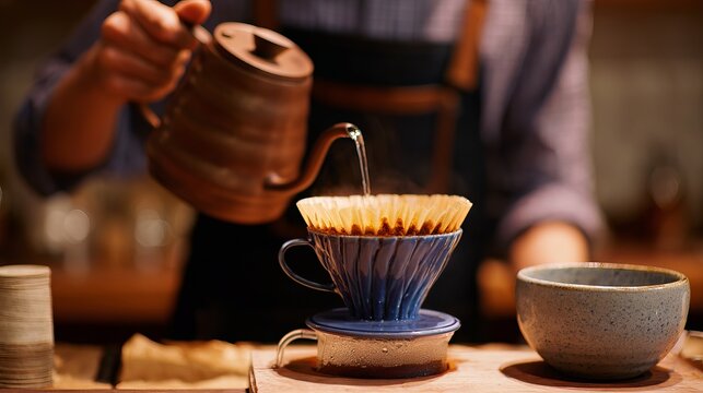 Making coffee with a V60 brewer starts with brewing and ends with a finished cup.