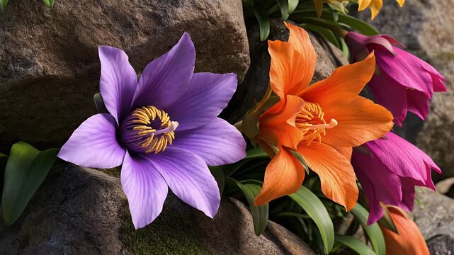 Vibrant close-up of two exotic flowers, one purple and one orange, nestled amongst rocks and green foliage, showcasing intricate petal details and stamen