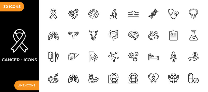 Cancer line icon set. Collection of high-quality line icons of cancer, awareness, ribbon, human organs, healthcare, diagnostic tools, laboratory equipment, hospital care and patient support.