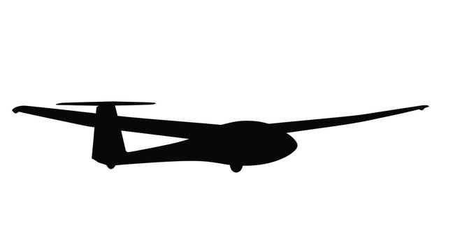 A sleek black glider plane is depicted in a striking side view silhouette