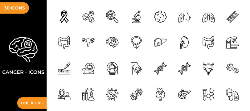 Cancer line icon set. Collection of high-quality line icons of diseases such as malignant tumors, oncology, chemotherapy and metastasis. Vector illustration.