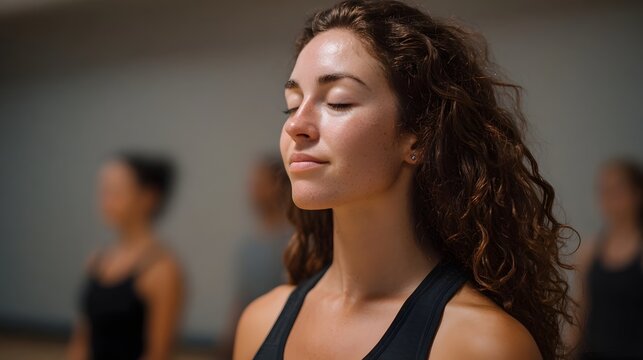 A woman in a group setting performs deep breathing exercises embodying focus and serenity during a wellness class
