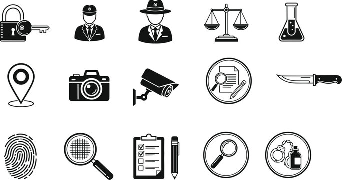 Investigation and detective icon set featuring security surveillance evidence analysis crime scene tools and forensic symbols vector illustration