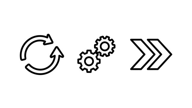 Refresh settings forward line icons set for digital interface elements with white background black and white line art settings management continue technology interface illustration collection