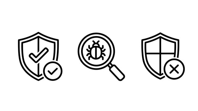 Security check bug detection threat denial line icons for digital protection and system integrity with magnifying glass x mark white background line art checkmark vulnerability protection