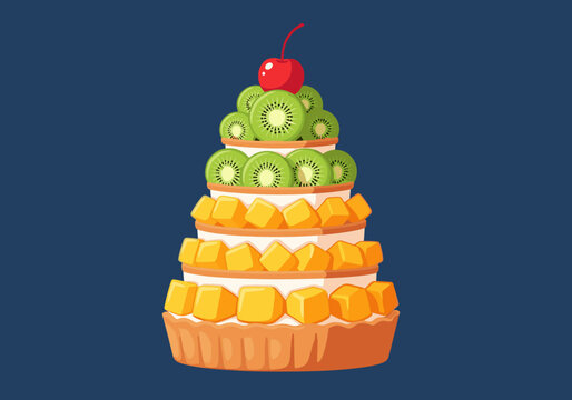 Delicious Fruit Tart Cake with Layers of Mango and Kiwi Slices Topped with a Cherry, Sweet Pastry Dessert Illustration for Bakery Menu or Food Celebration Design