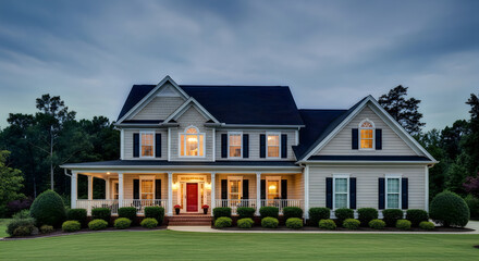 Fototapeta premium A large white house with a red door and a well-manicured lawn at dusk or dawn