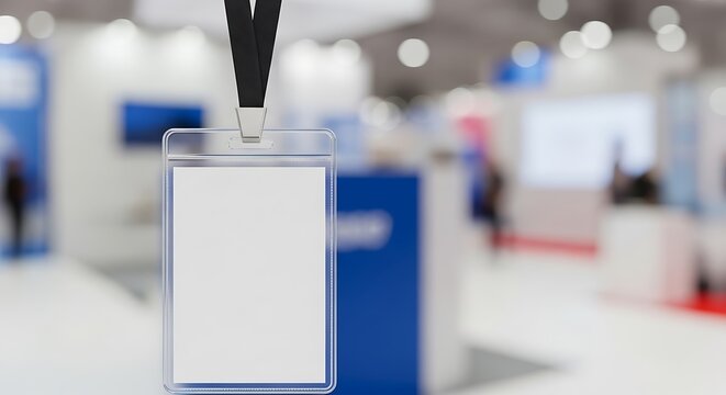 Blank identification badge hangs from a lanyard against a backdrop of an illuminated event hall