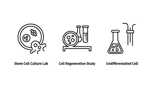 Stem cell research and laboratory cultivation science icons set with laboratory research cultivation medicine genetics experiment analysis microscope scientific regeneration development
