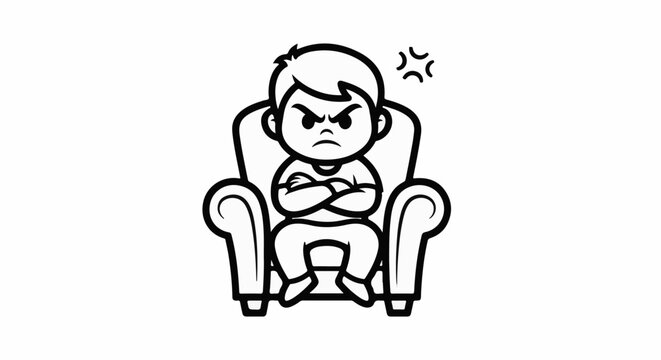 Cartoon boy sits in chair with arms crossed, looking angry