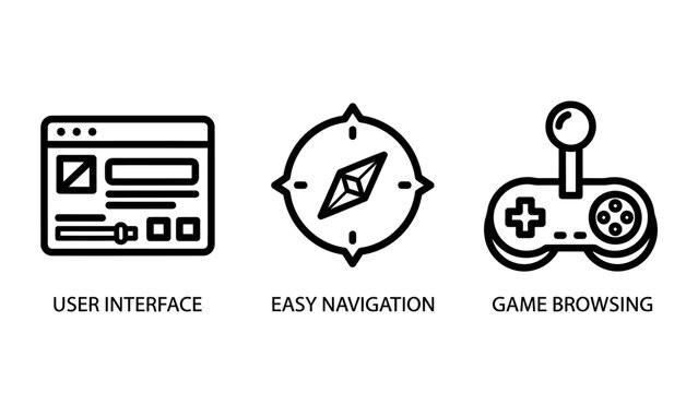 User interface easy navigation and game browsing icon set for digital software development with interface navigation browsing software development controller joystick application isolated