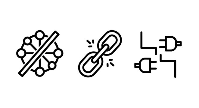 Set of abstract line art icons representing disconnected network broken chain link and power plug disconnection connection disconnected interface technology abstract illustration business