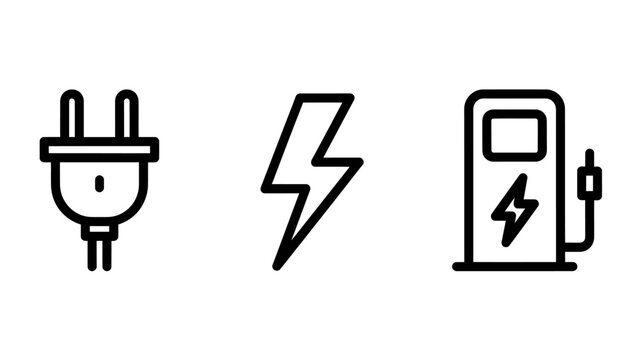 Set of electricity and charging station line icons featuring electrical plug and power bolt symbol electricity charging technology electric infrastructure illustration interface business