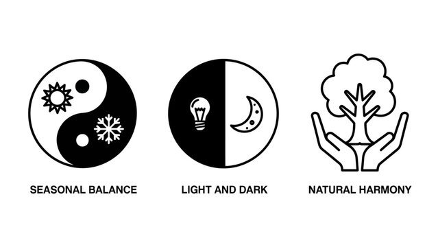 Set of abstract conceptual symbols for seasonal balance light dark and natural harmony with nature inspired seasonal snowflake crescent environmental contrast dichotomy metaphor protection