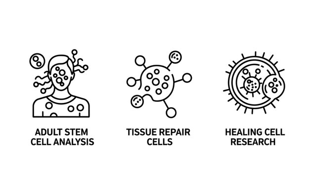 Stem cell research and tissue engineering science icon set with research genetics analysis biotechnology medicine laboratory experiment clinical microbiology healthcare regeneration