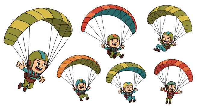Cartoon parachutists flying with colorful parachutes illustration