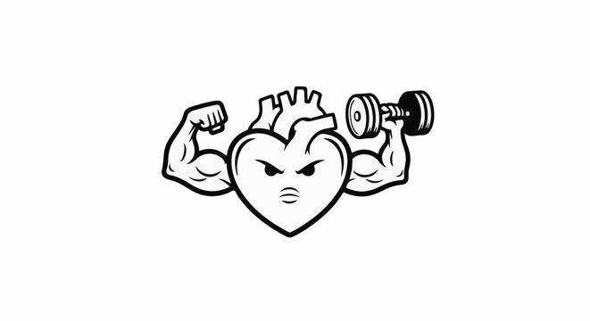 Muscular heart lifting a dumbbell, showing strength and power