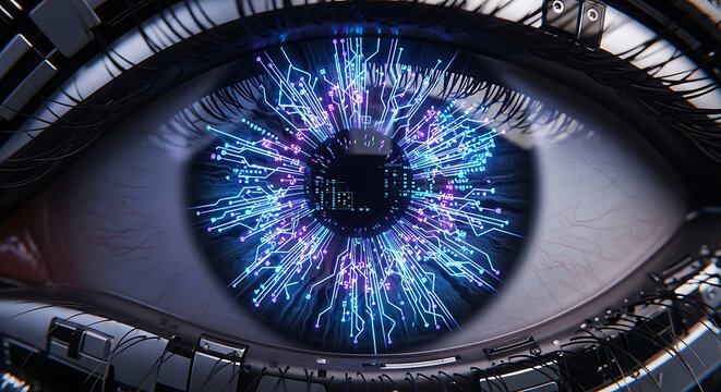 Futuristic digital eye with glowing neural network, representing artificial intelligence and advanced technology