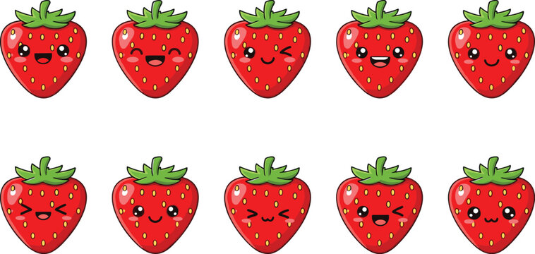 
Kawaii Strawberry Cartoon Emoji Sticker Set Vector Illustration with Cute Funny and Happy Face Expression Collection