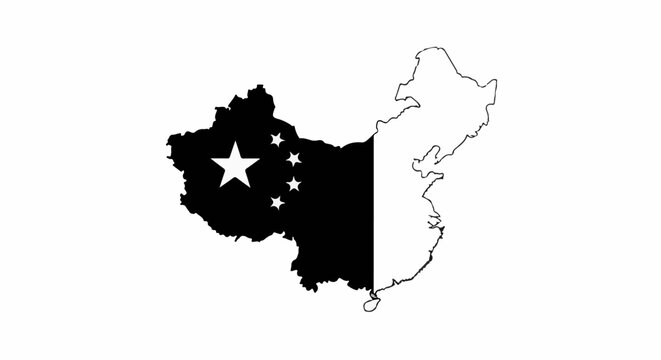 Map of China split, half black with stars, half white outline