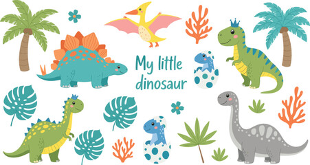  My Little Dinosaur Cute Cartoon Vector Illustration Set with Colorful Dino Characters Tropical Plants and Eggs © MdRezaul