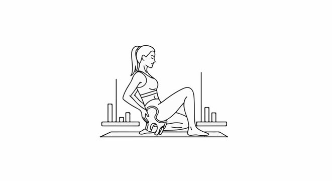 Line art of a woman in athletic wear performing a glute bridge exercise on a mat