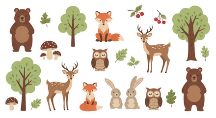 Fototapeta premium Forest Wildlife Vector Set with Bears, Foxes and Deer in Soft Nature Pastel Illustration Sticker Bundle