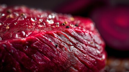 Fototapeta premium Close-Up of Fresh, Juicy Red Meat with Juicy Texture and Water Drops on Surface for Culinary Use in Gourmet Dishes and Recipes
