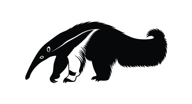 A striking black silhouette of an anteater foraging emphasizing its unique form silhouette