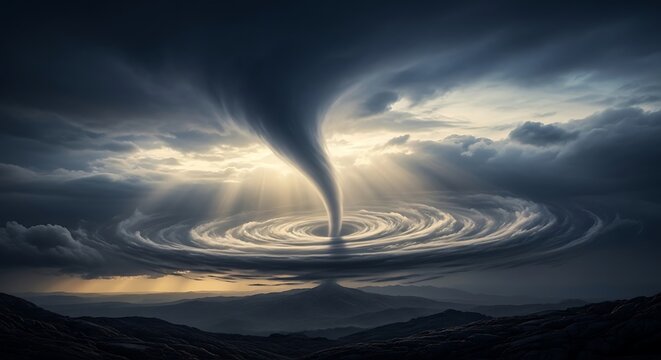 Dramatic tornado swirling over a dark mountain landscape with golden light breaking through stormy clouds