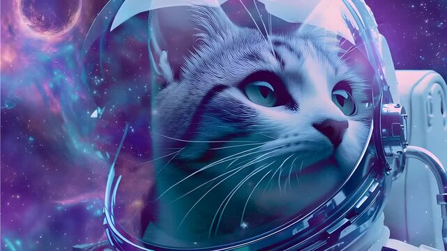 Cat in astronaut helmet exploring colorful outer space with stars